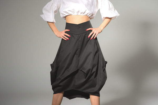 Handmade Asymmetric Black Balloon Skirt Women, Avant-Garde Draped Cotton, Sculptural Fashion - photo 1