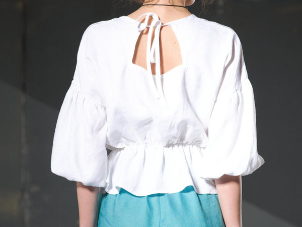 Balloon Sleeve Crop Top — Linen Open Back, Boho Summer