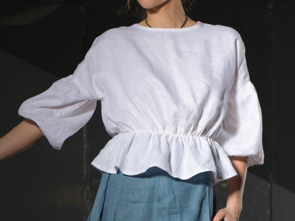 Handmade Linen Balloon Sleeve Crop Top Women, Open Back Boho Summer Top, Slow Fashion - photo 1