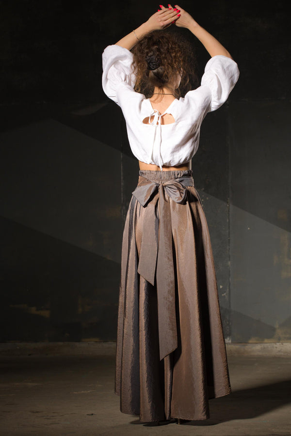 Handmade Iridescent Pearl Taffeta Maxi Skirt, Asymmetric High Waist Party Skirt with Belt - photo 1