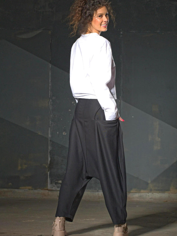 Handmade Black Harem Pants Women, Contemporary Drop Crotch Trousers, Dark Alternative Style - photo 1