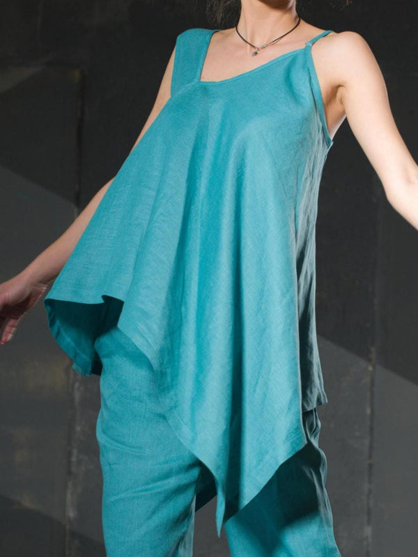 Handmade Turquoise Linen Tunic Women, Boho Summer Top Long Line, Slow Fashion Colourful - photo 1
