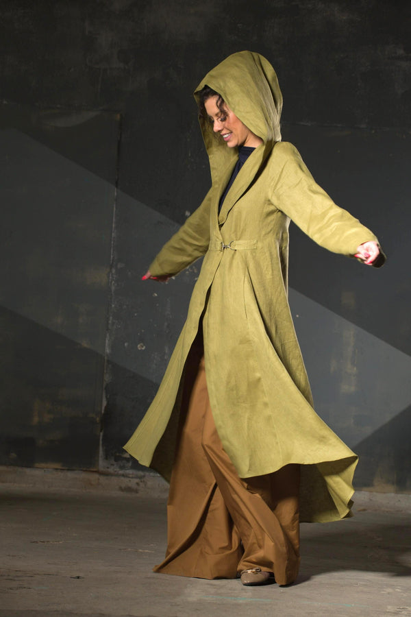 Handmade Lime Green Linen Hooded Coat Women, Asymmetric Boho Jacket, Bold Slow Fashion - photo 1