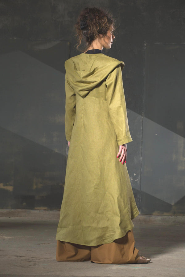 Linen Hooded Coat MARIANNE — Lime Green, Asymmetric Boho