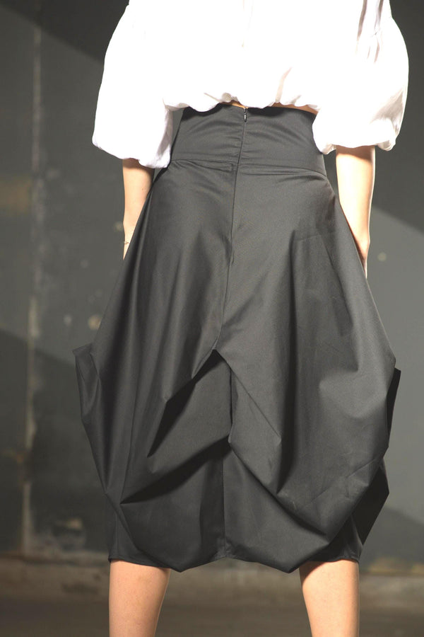 Asymmetric Balloon Skirt — Black Cotton, Avant-Garde Draped