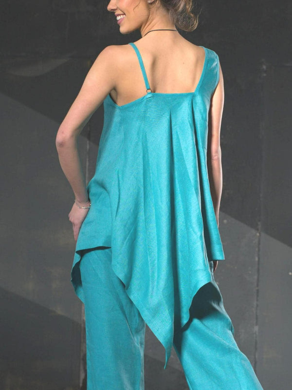 Linen Tunic — Turquoise Long Line, Boho Summer Colourful