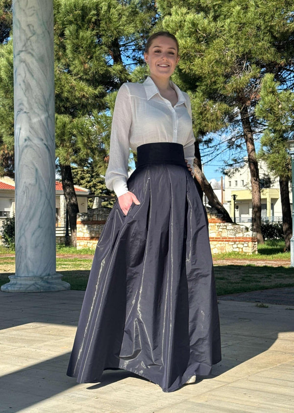 Taffeta Maxi Skirt — High-Waisted Ball Gown, Pleated Pockets