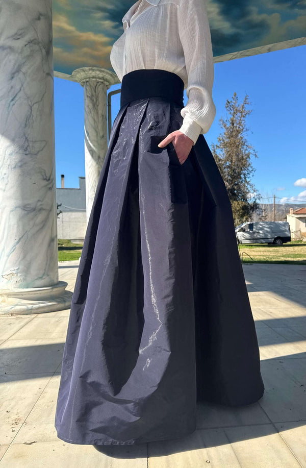 High-Waisted Taffeta Maxi Skirt, Formal Ball Gown, Pleated Pockets - photo 1