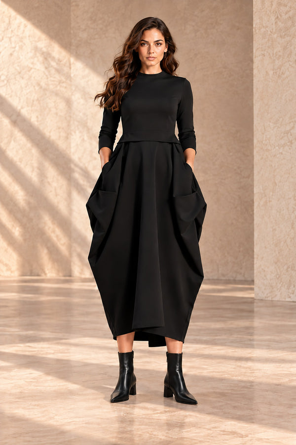 JENNIFER black structured balloon dress with sculptural skirt and pockets, front view