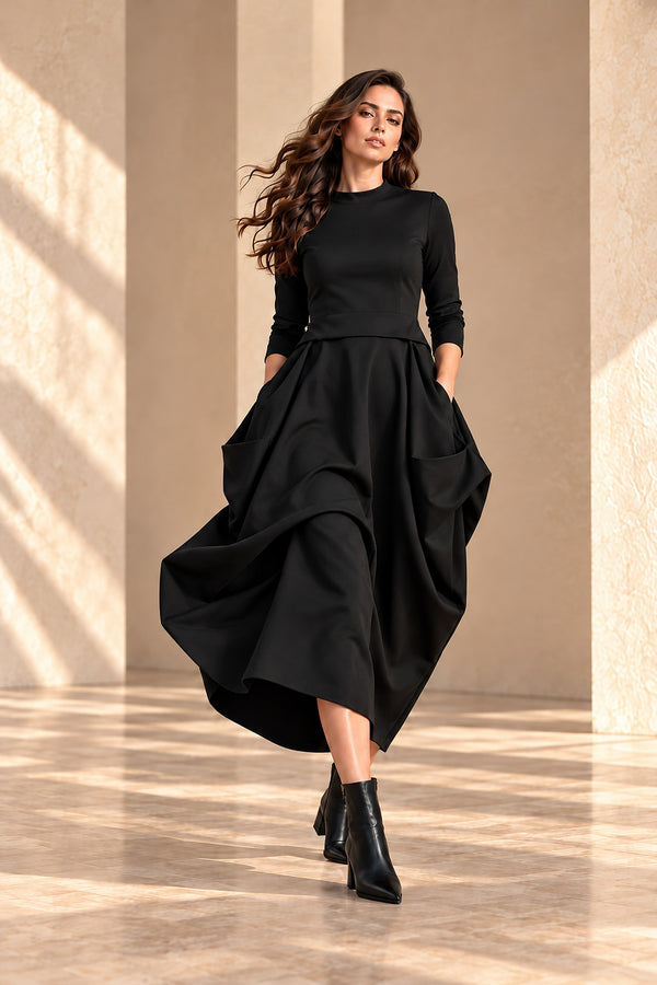 JENNIFER black sculptural balloon dress in movement