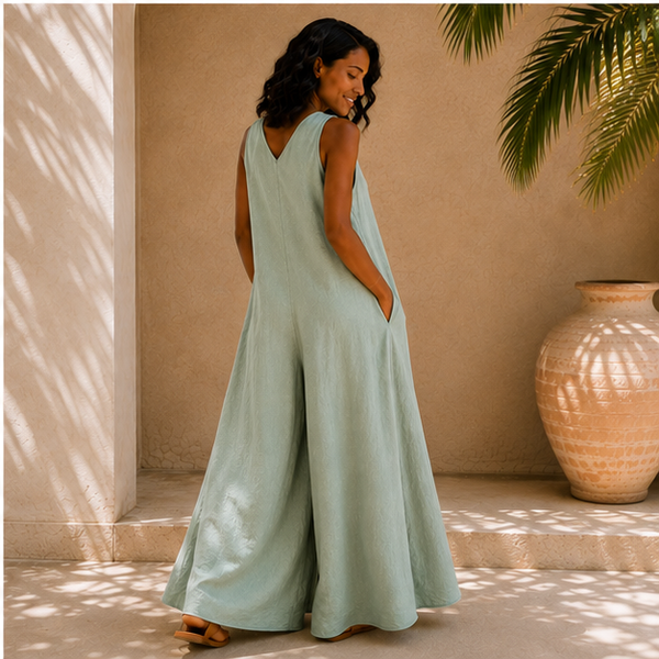 Mint linen wide-leg jumpsuit with hidden front zipper and side pockets