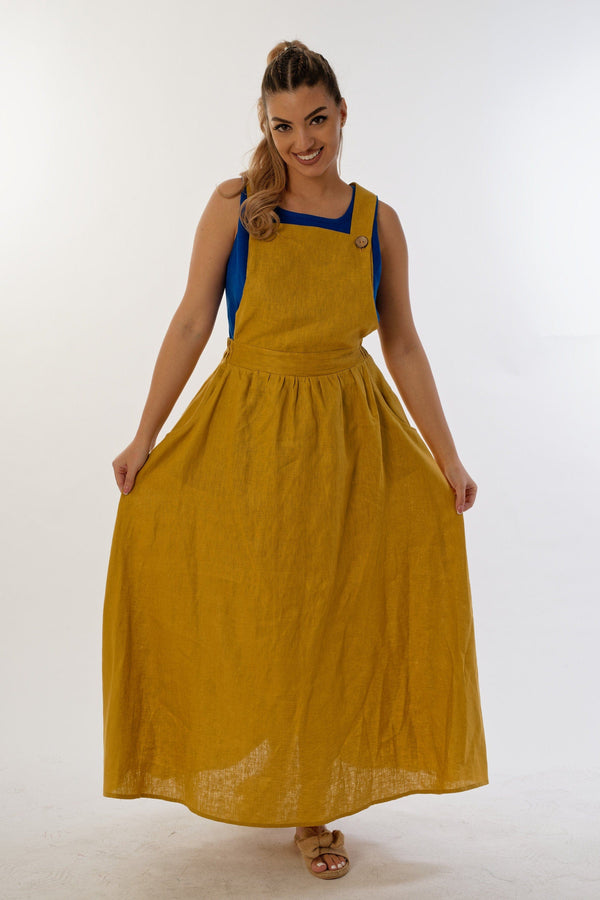 Linen Pinafore Maxi Dress TESS — Natural, Bohemian