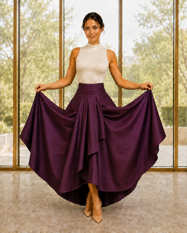 Violet asymmetric skirt, front view