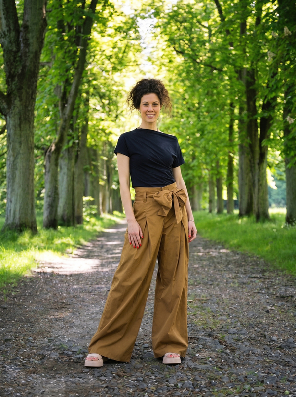 Caramel cotton wide-leg belted trousers on Tuileries-coded tree-lined avenue — Souls In Clothes