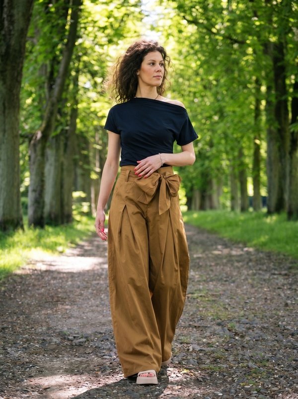 Cotton Wide-Leg Trousers GWEN — Caramel, Belted