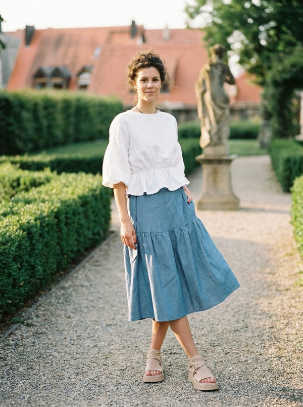 Chambray Tiered Midi Skirt — Pockets, Ruffle Hem