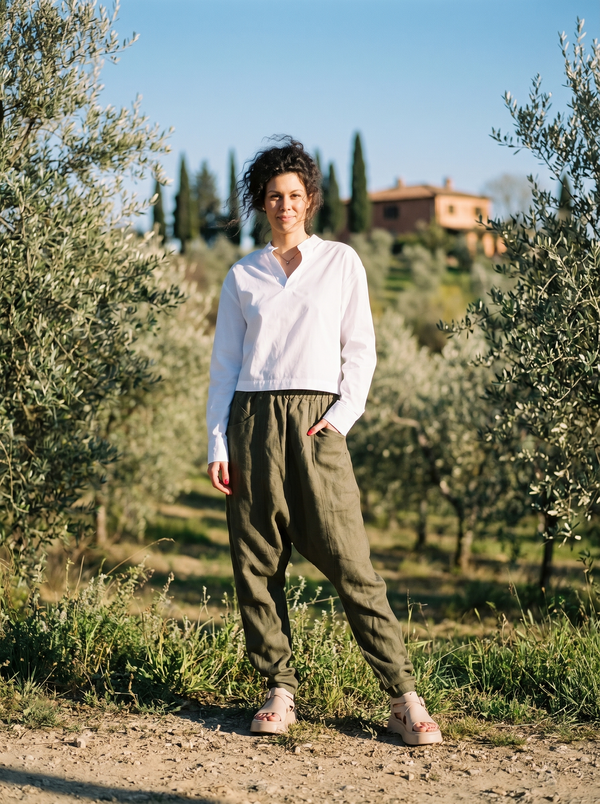 Olive linen harem trousers in Tuscan olive grove — Souls In Clothes