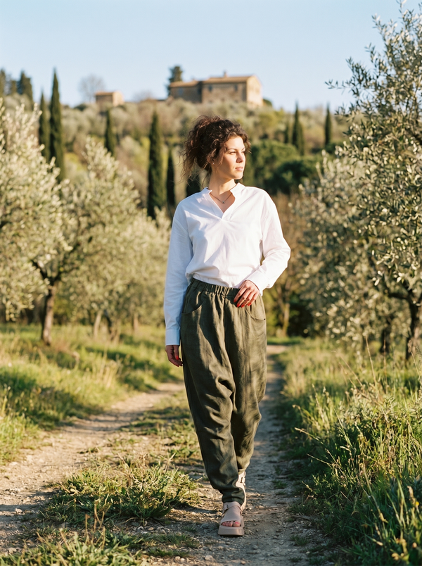 Linen Harem Trousers CATHY — Olive, Elastic Waist Pockets