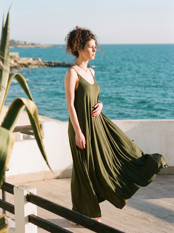 Jersey Spaghetti-Strap Maxi MAGGIE — Olive, Draped