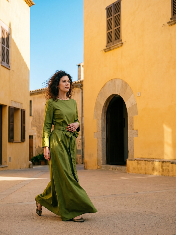 Maxi Dress LENORE — Olive, Long Sleeve Belted