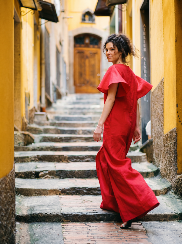 Linen Jumpsuit MORWENNA — Red, Butterfly Sleeves Palazzo Legs