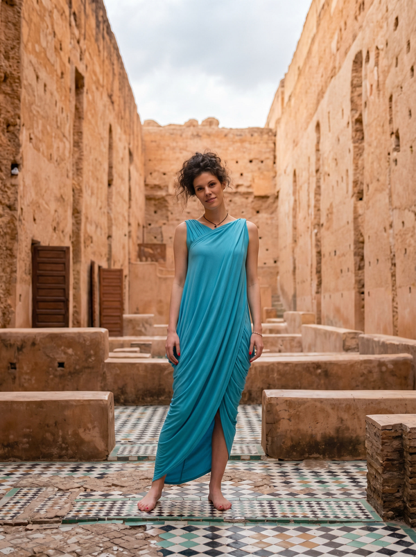 Turquoise asymmetric draped jersey dress in terracotta Marrakech palace courtyard — Souls In Clothes