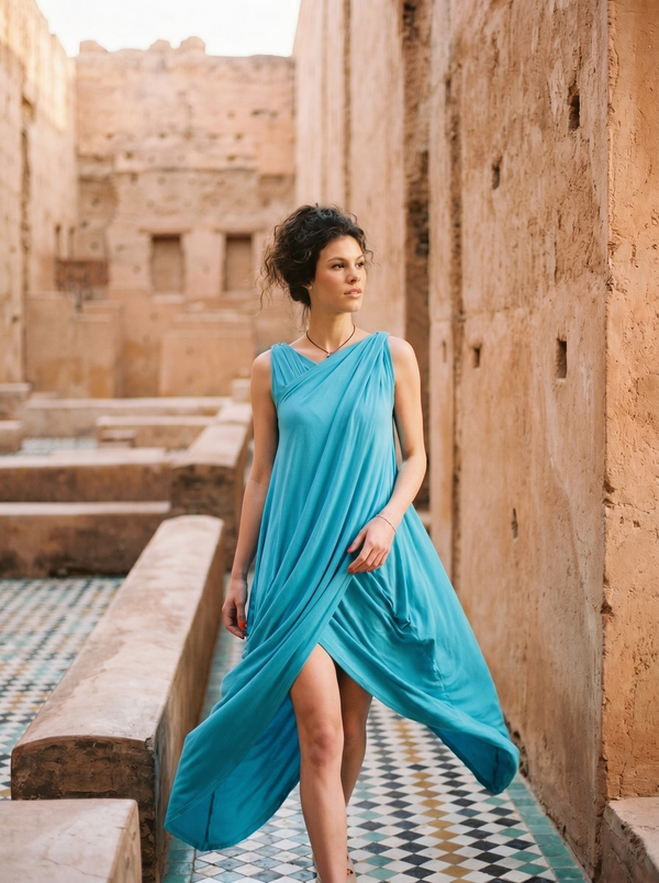 Jersey Asymmetric Draped Dress MIRANDA — Turquoise