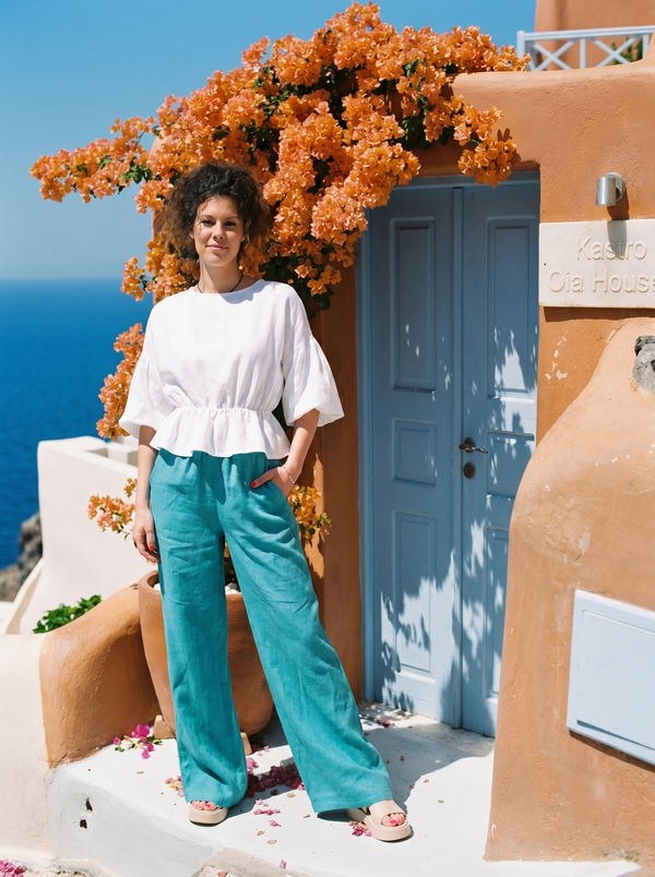 Turquoise wide-leg linen trousers in Greek-island village with bougainvillea + blue door — Souls In Clothes