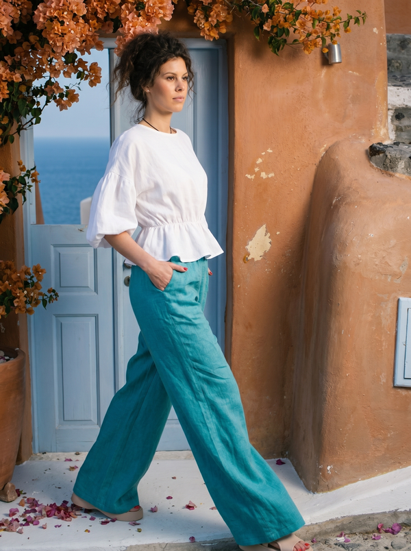 Turquoise Wide-Leg Linen Trousers — Pockets
