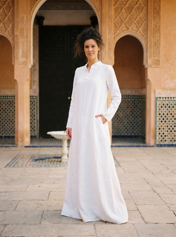 White linen mandarin collar long-sleeve maxi dress in Bahia Palace Marrakech courtyard — Souls In Clothes