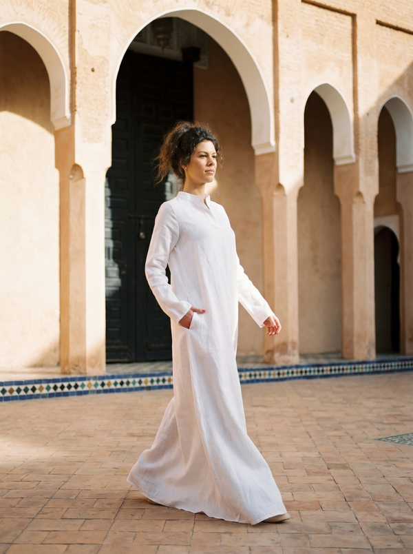 Linen Maxi Dress ROSAMUND — White, Mandarin Collar Long Sleeve