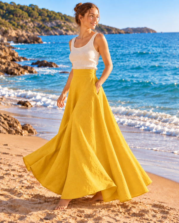Mustard Flared Linen Maxi Skirt VIVIAN